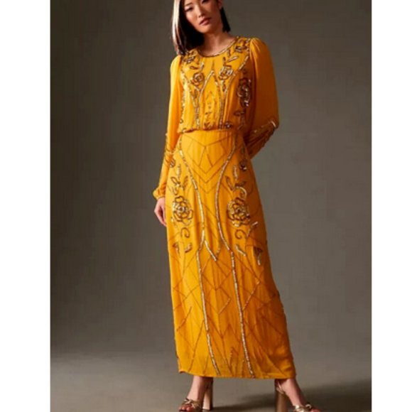 Anthropologie Let Me Be XXS NWT Juliet Sheer Maxi Dress Sequin Embellished Gold